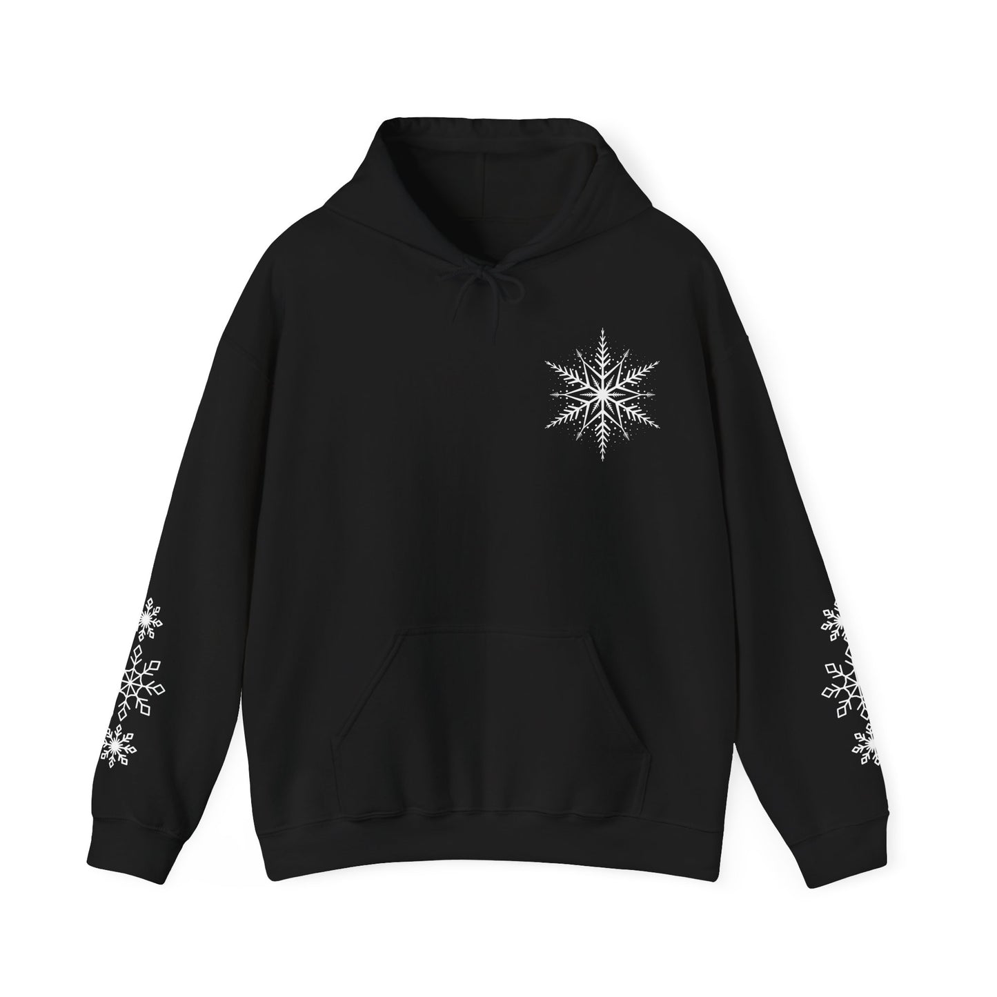 Snowflake Sleeve Print Hoodie, Trendy Black Hoodie Minimalist Holiday Shirt Midweight Fleece Adult Hoodie Gildan Hooded Sweatshirt For Women