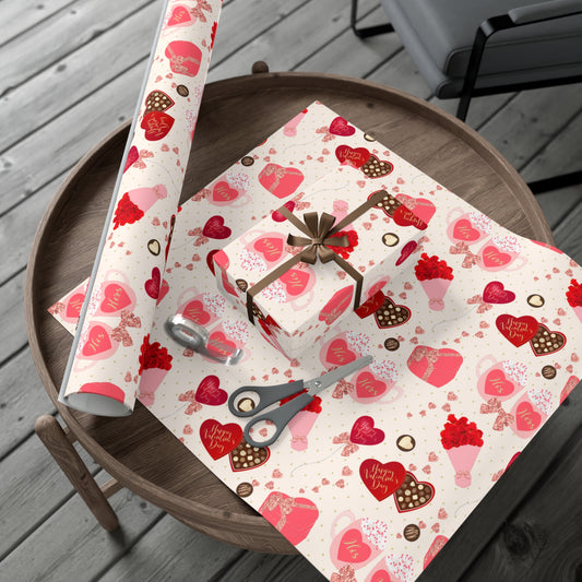 Gold Hearts And Roses Valentines Day Wrapping Paper