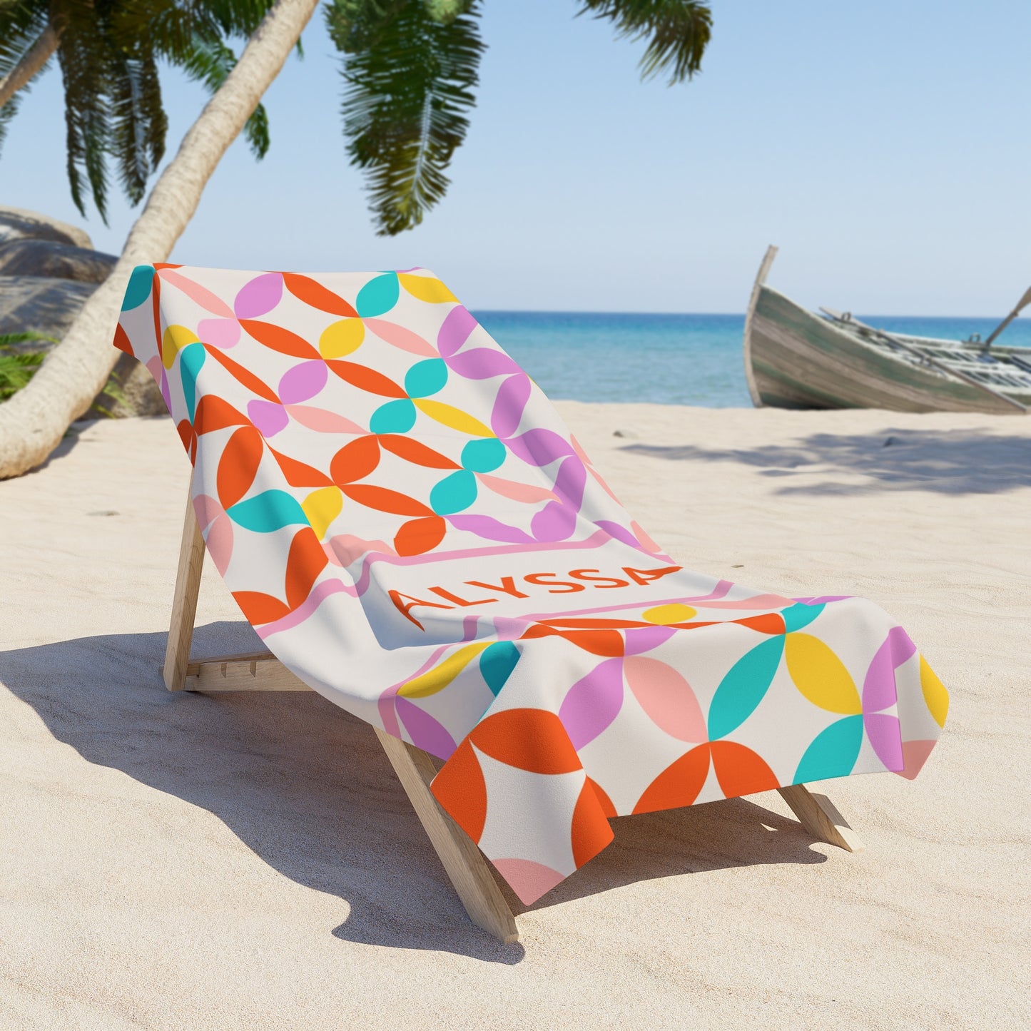 Summer Essentials Custom Name Retro Groovy Beach Towel
