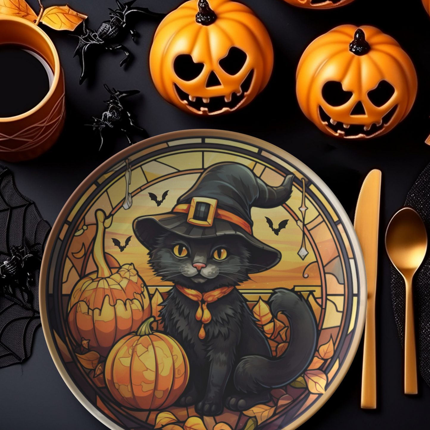 Black Cat Halloween Plates Thermosaf Polymer Plastic Halloween Party Plates