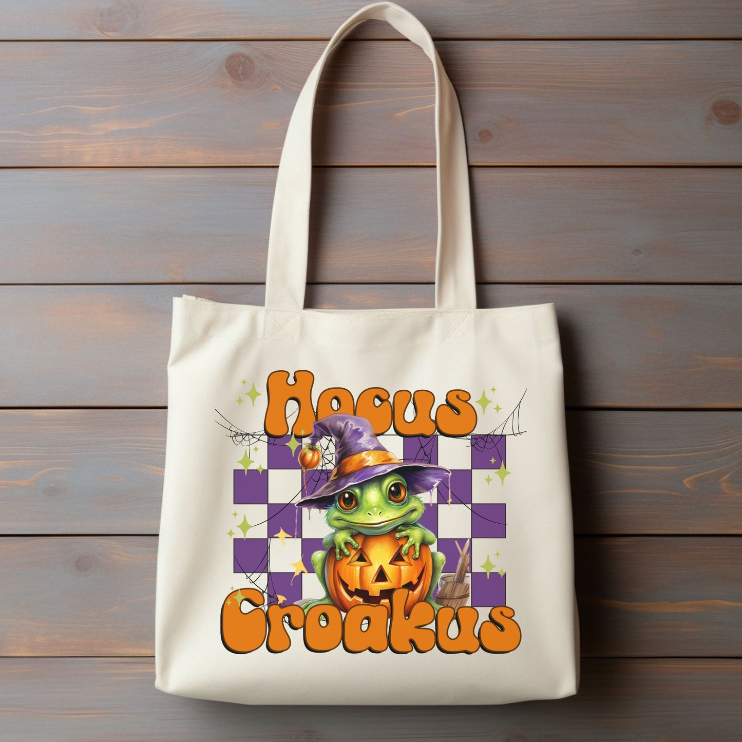 Halloween Canvas Tote Bag Trick or Treat Bag, Funny Fall Tote Bag Halloween Candy Bag Cute Frog Witch Hocus Croakus Halloween Tote Bag