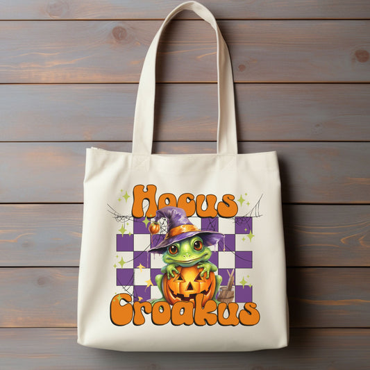 Halloween Canvas Tote Bag Trick or Treat Bag, Funny Fall Tote Bag Halloween Candy Bag Cute Frog Witch Hocus Croakus Halloween Tote Bag