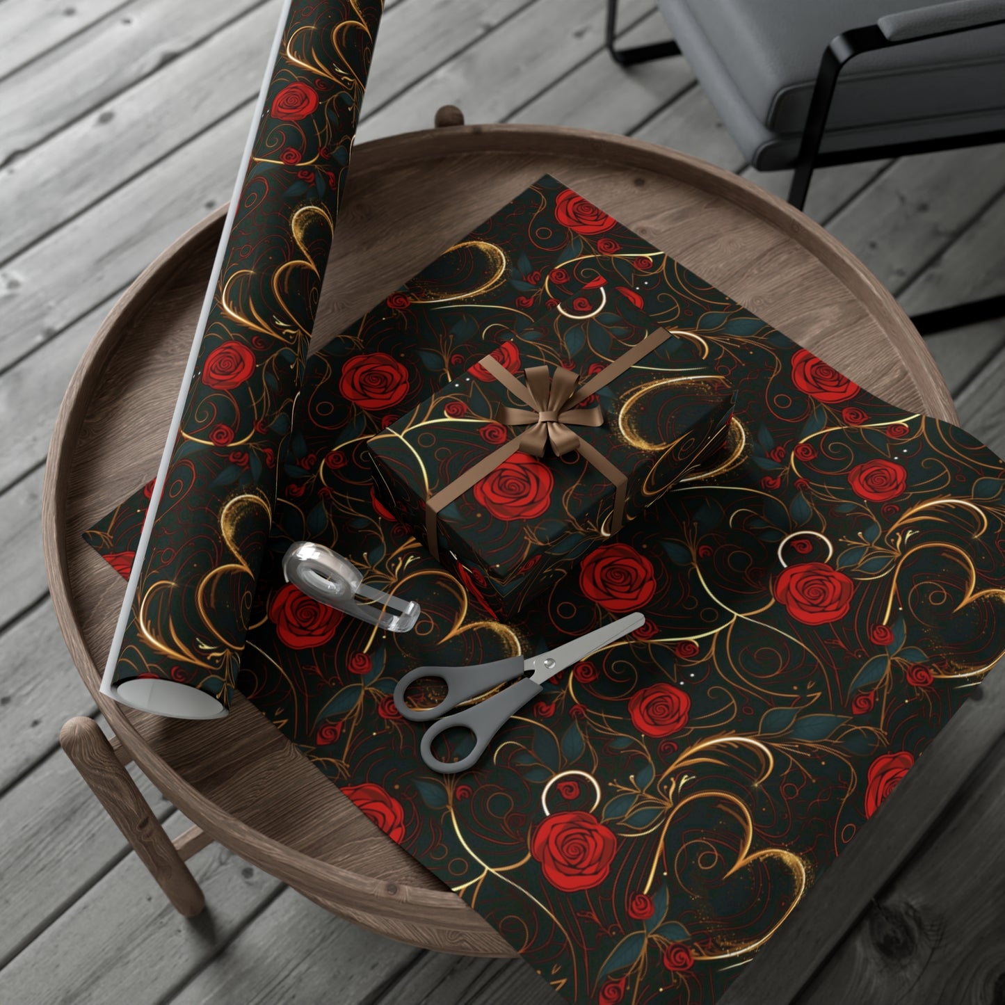 Gold Hearts And Roses Valentines Day Wrapping Paper