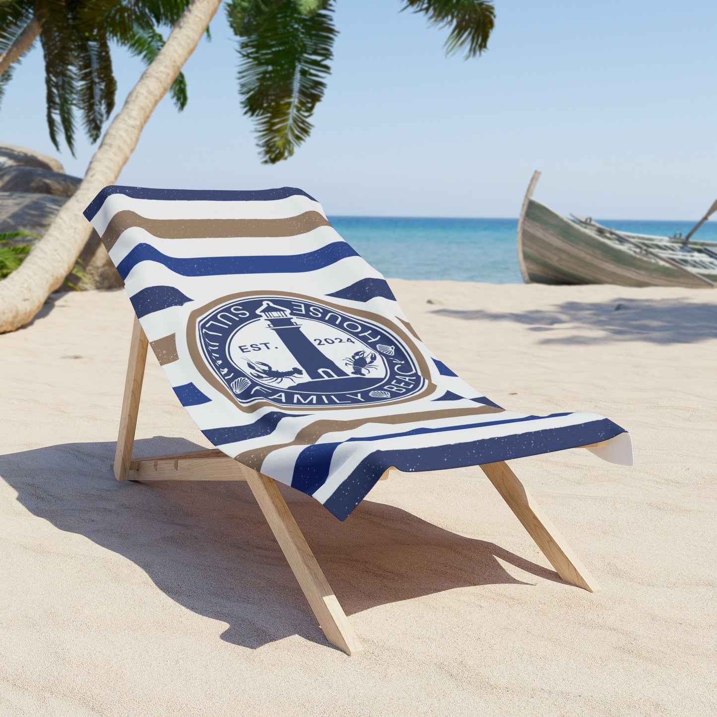 Custom Coastal Stripe Beach Towel With Lighthouse