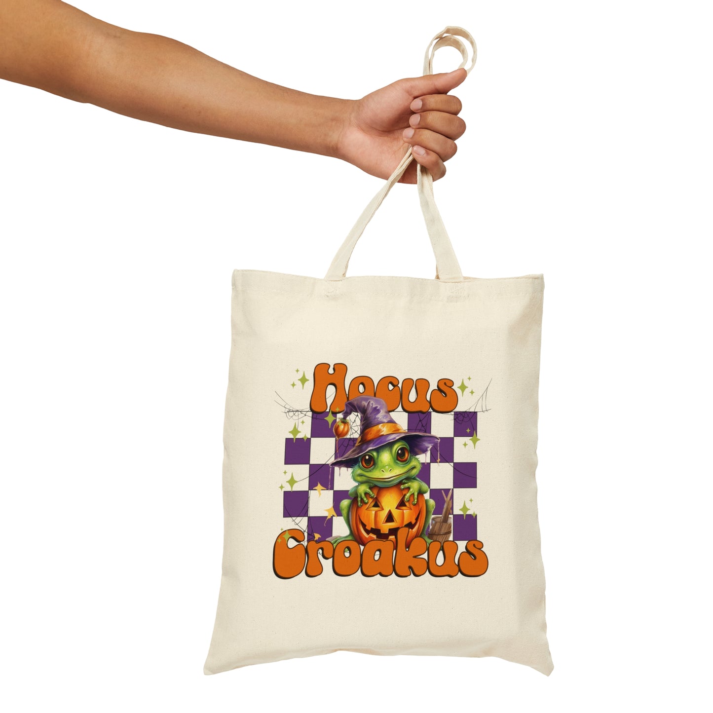 Halloween Canvas Tote Bag Trick or Treat Bag, Funny Fall Tote Bag Halloween Candy Bag Cute Frog Witch Hocus Croakus Halloween Tote Bag