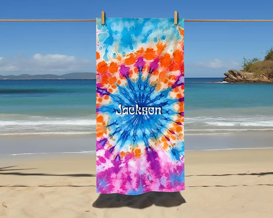 Personalized Retro Tie Dye Beach Towel
