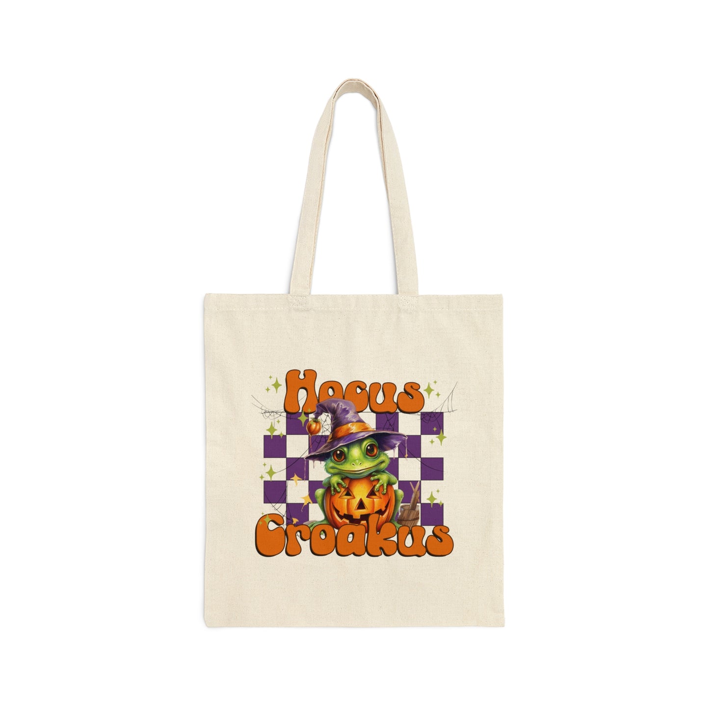 Halloween Canvas Tote Bag Trick or Treat Bag, Funny Fall Tote Bag Halloween Candy Bag Cute Frog Witch Hocus Croakus Halloween Tote Bag