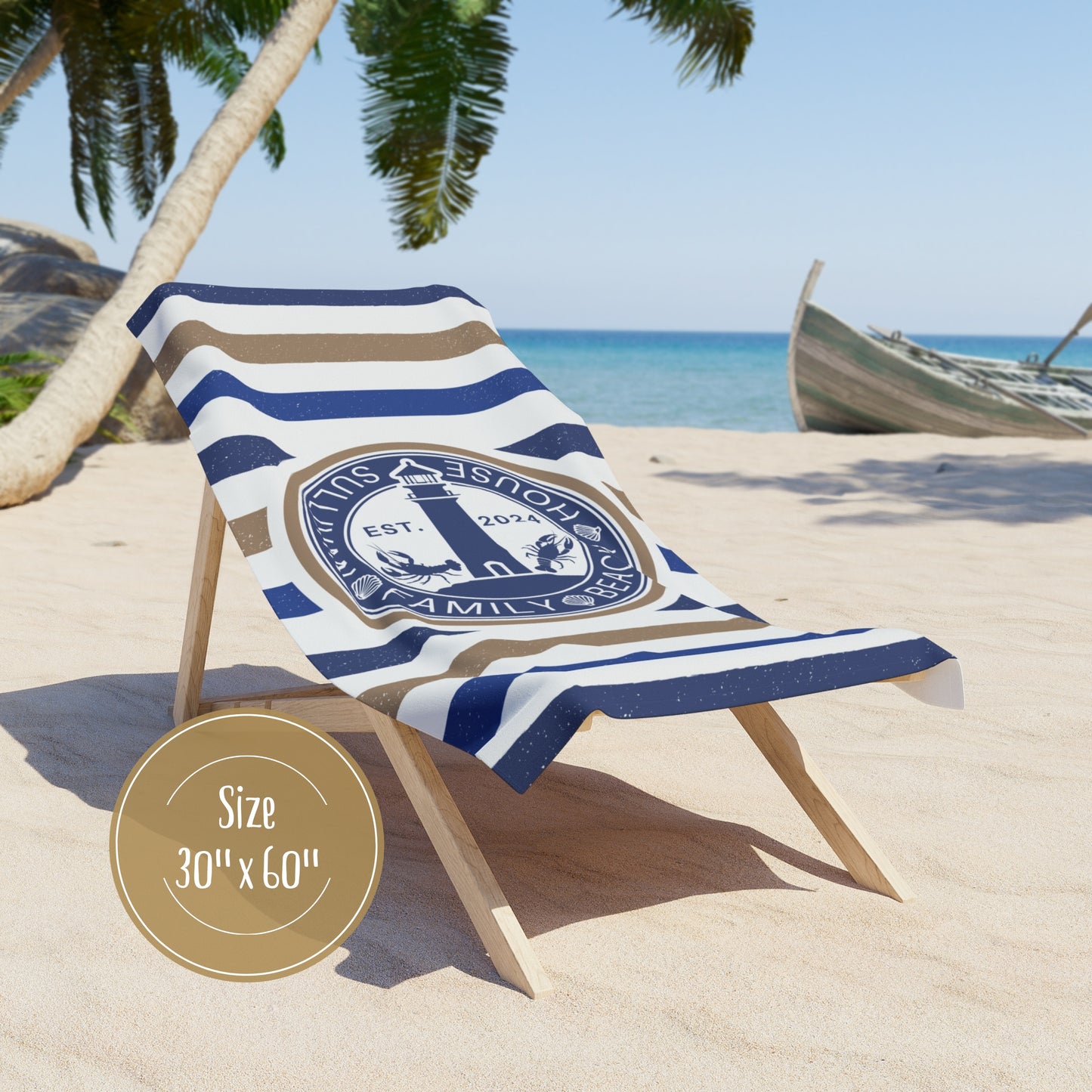 Custom Coastal Stripe Beach Towel With Lighthouse
