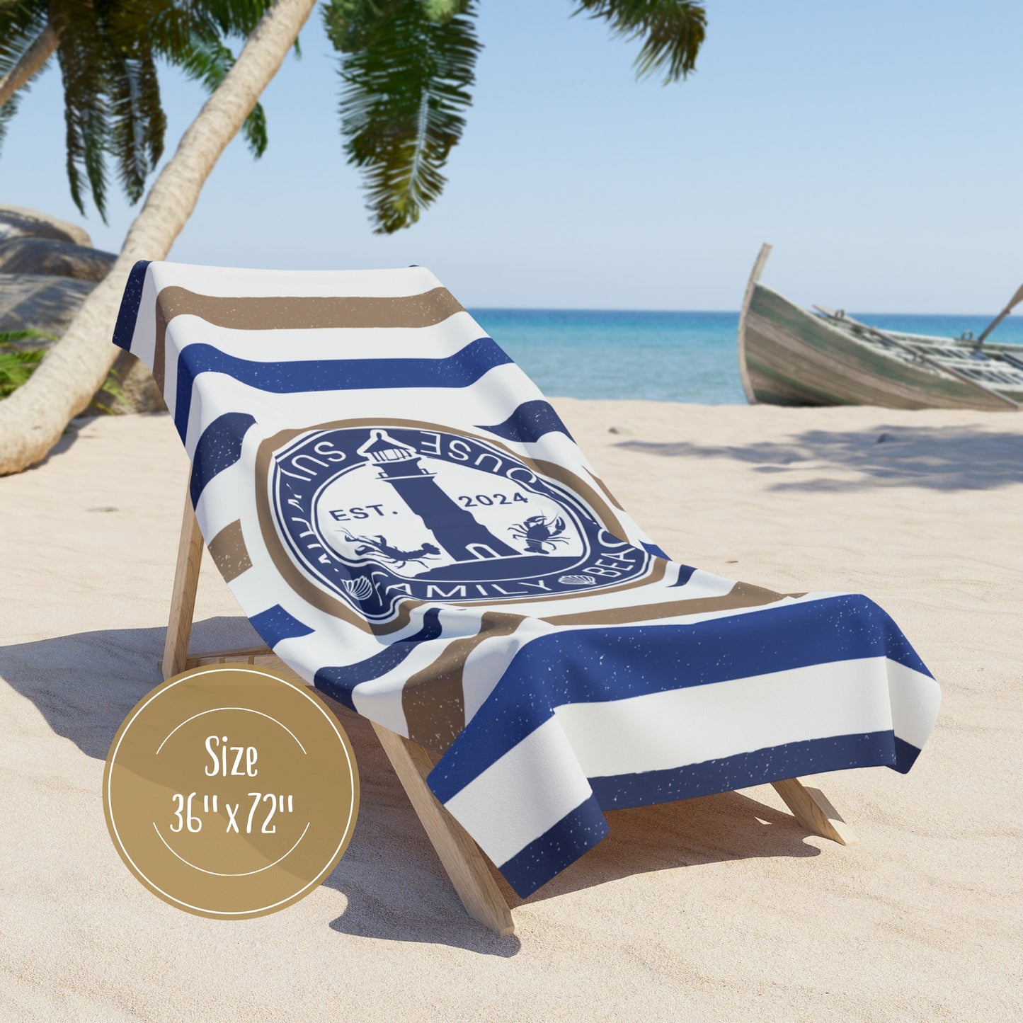 Custom Coastal Stripe Beach Towel With Lighthouse