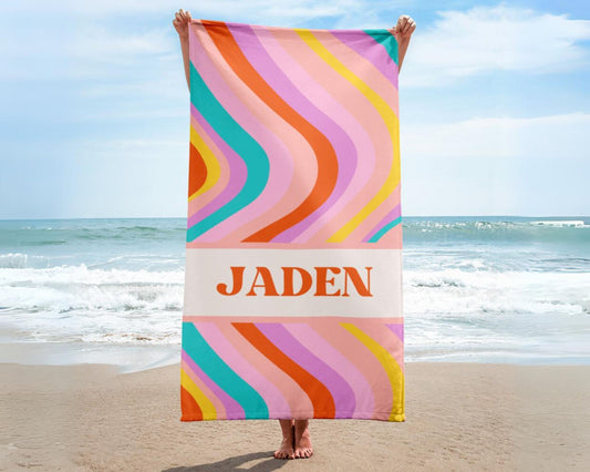 Custom Name Retro Groovy Beach Towel Summer Gift
