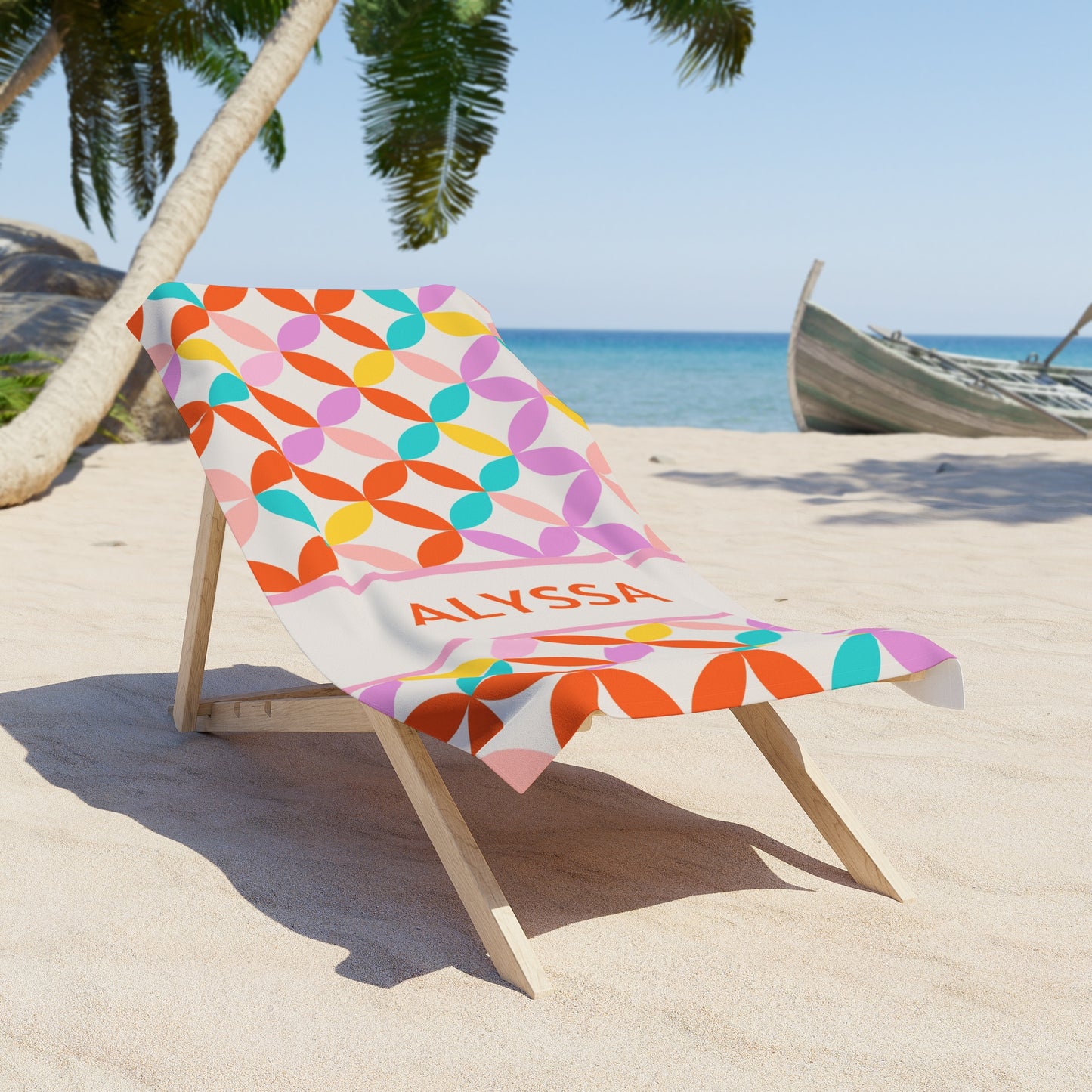 Summer Essentials Custom Name Retro Groovy Beach Towel