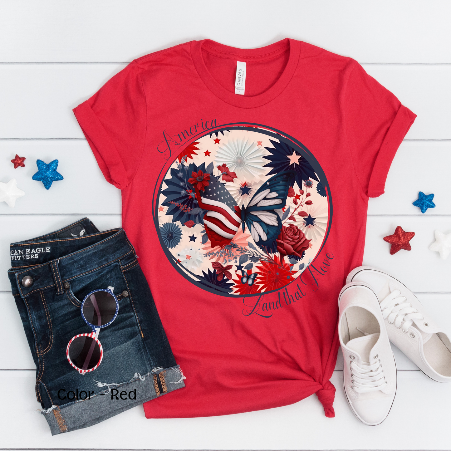 Women’s Patriotic Shirt I Love America Shirt Floral Butterfly Fourth of July Shirt Inspiring Tshirt for Independence Day Top Freedom Shirt