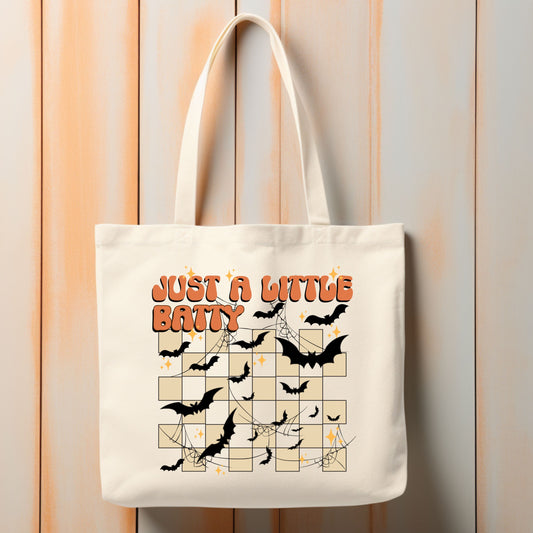 Funny Halloween Canvas Tote Bag, Fall Tote Bag Just a Little Batty Reusable Grocery Bag Halloween Goodie Bag Trick or Treat Bag