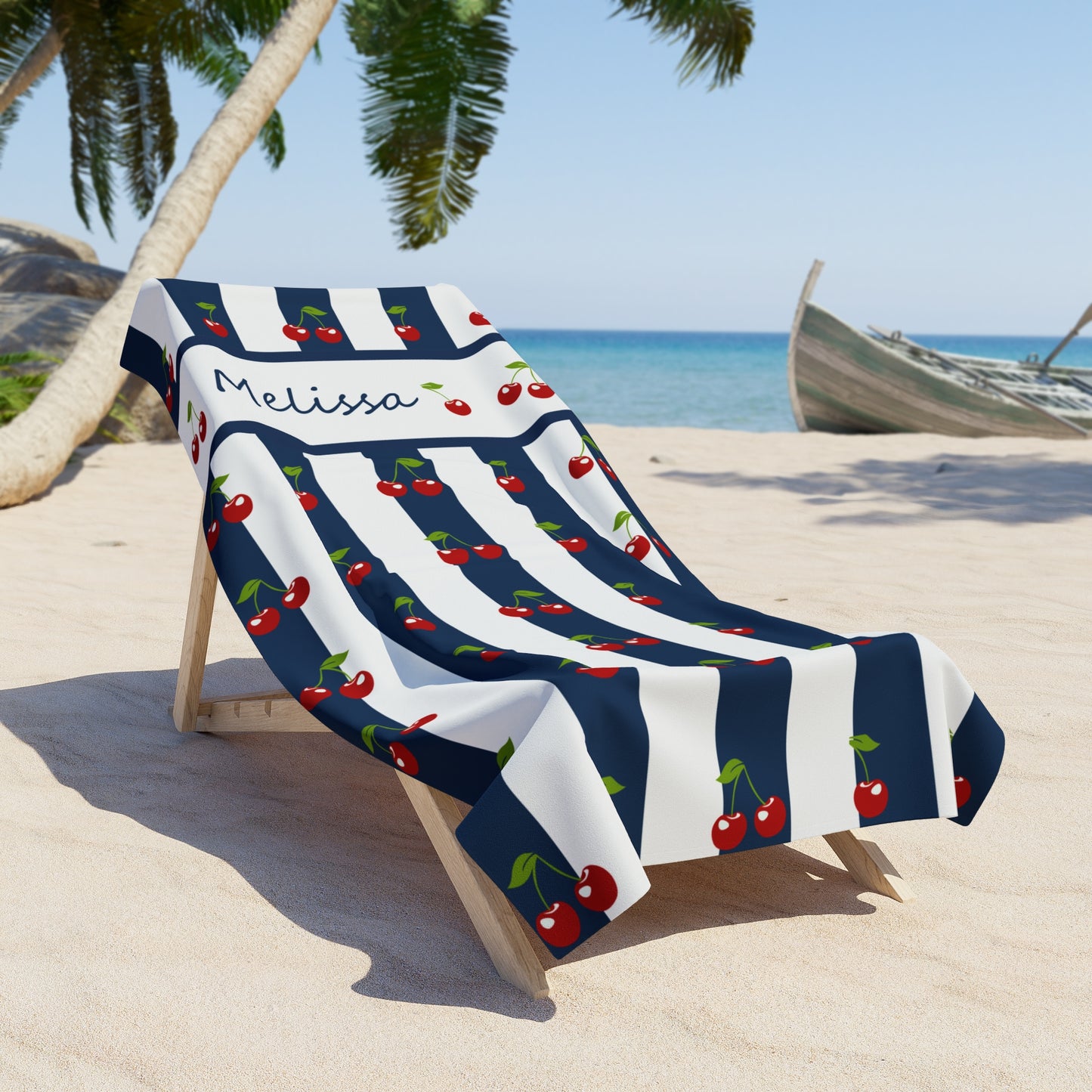 Personalized Cherry Stripe Beach Towel