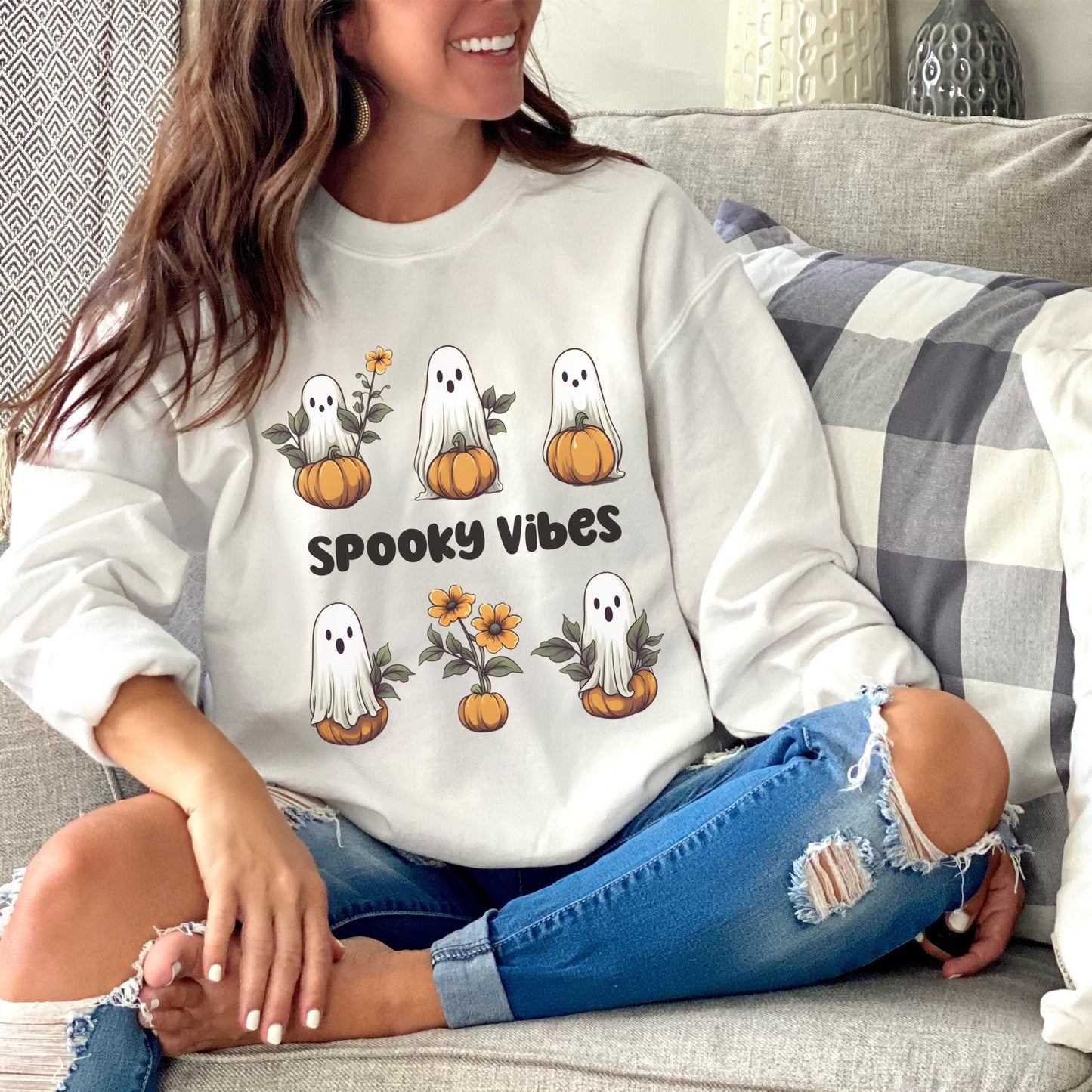 Retro Floral Ghost Sweatshirt Spooky Vibes Sweatshirt