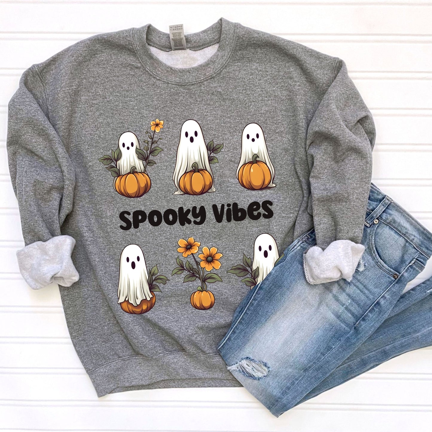Retro Floral Ghost Sweatshirt Spooky Vibes Sweatshirt