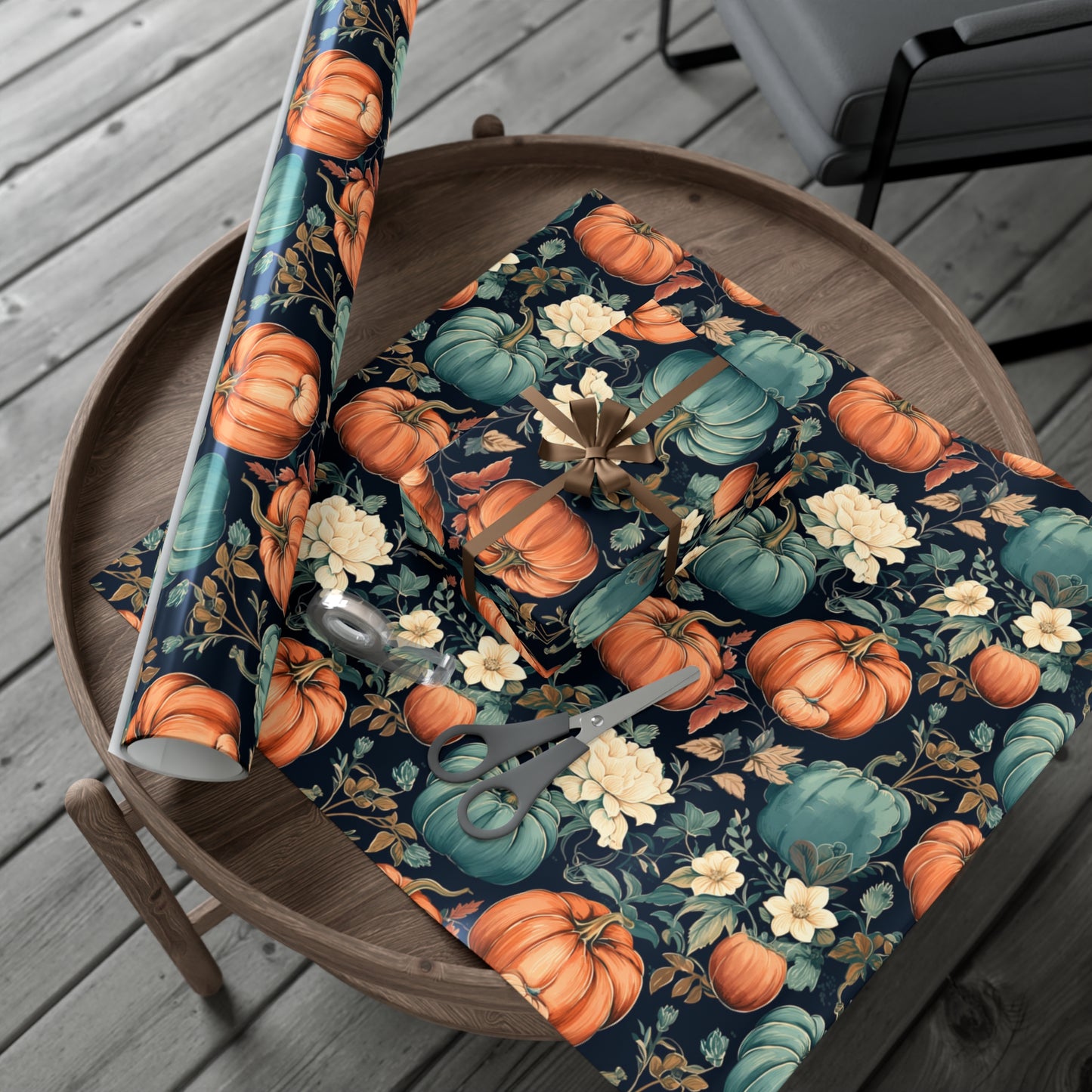 Teal Pumpkin Gift Wrap Blue Floral Wrapping Paper Fall Wrapping Paper Roll 6 Foot Roll Gift Wrapping Paper Autumn Wrapping Paper