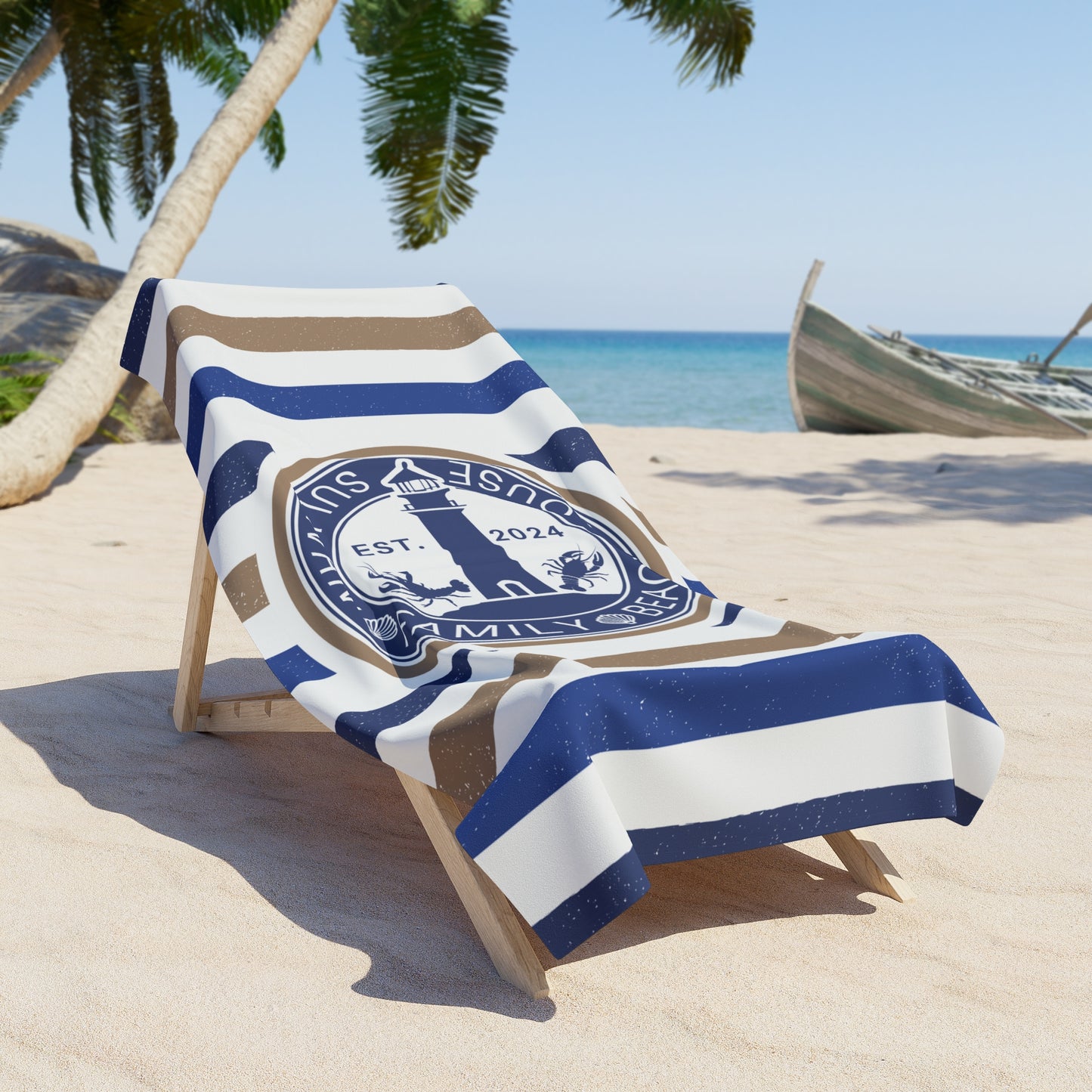 Custom Coastal Stripe Beach Towel With Lighthouse