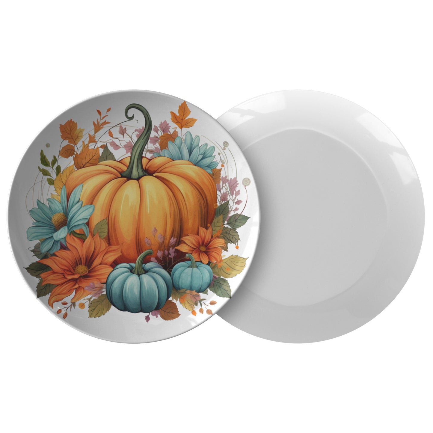 Thermosaf Polymer Plastic Orange and Blue Pumpkin Plates Floral Dinnerware