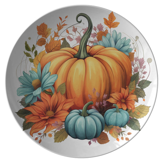 Thermosaf Polymer Plastic Orange and Blue Pumpkin Plates Floral Dinnerware