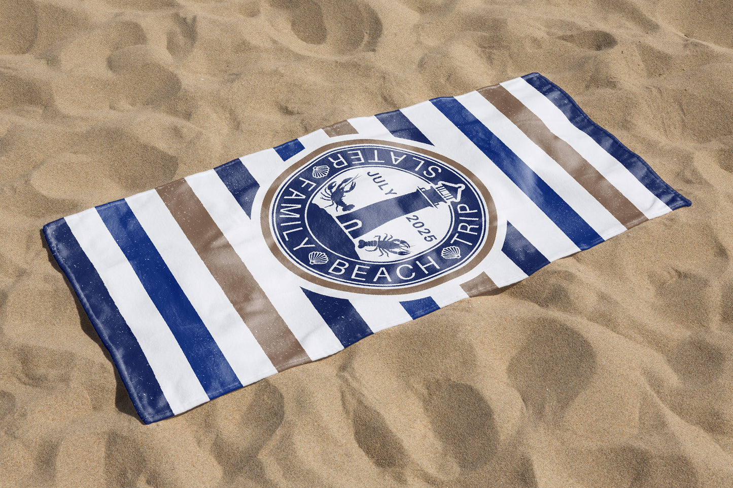Custom Coastal Stripe Beach Towel With Lighthouse