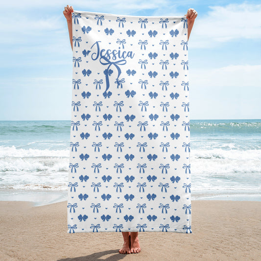 Hearts and Bows Coquette Beach Towel with Custom Name