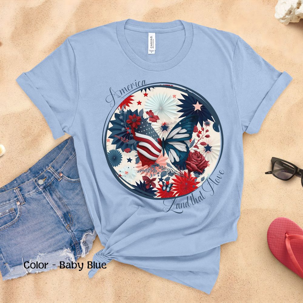 Women’s Patriotic Shirt I Love America Shirt Floral Butterfly Fourth of July Shirt Inspiring Tshirt for Independence Day Top Freedom Shirt