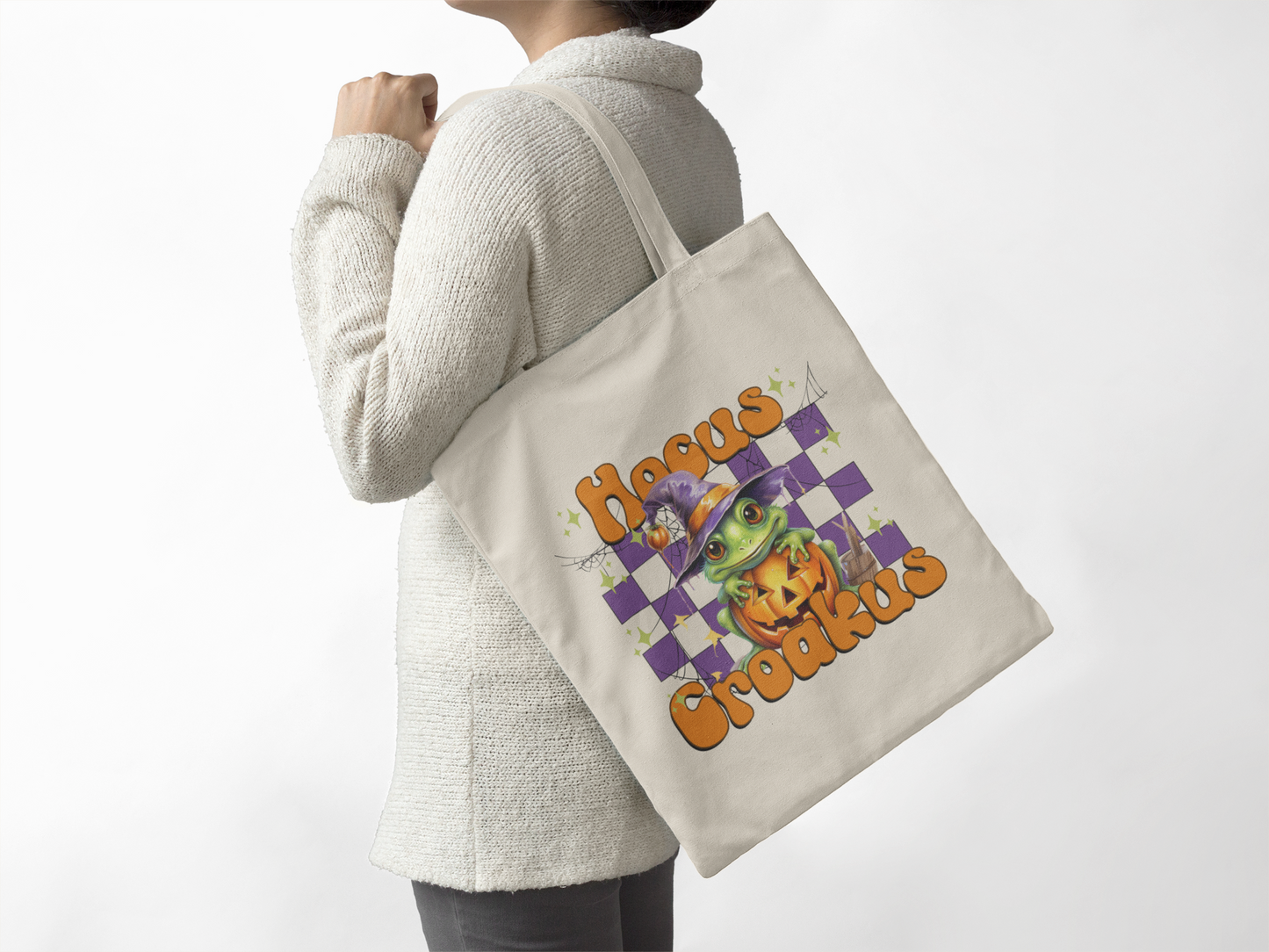 Halloween Canvas Tote Bag Trick or Treat Bag, Funny Fall Tote Bag Halloween Candy Bag Cute Frog Witch Hocus Croakus Halloween Tote Bag