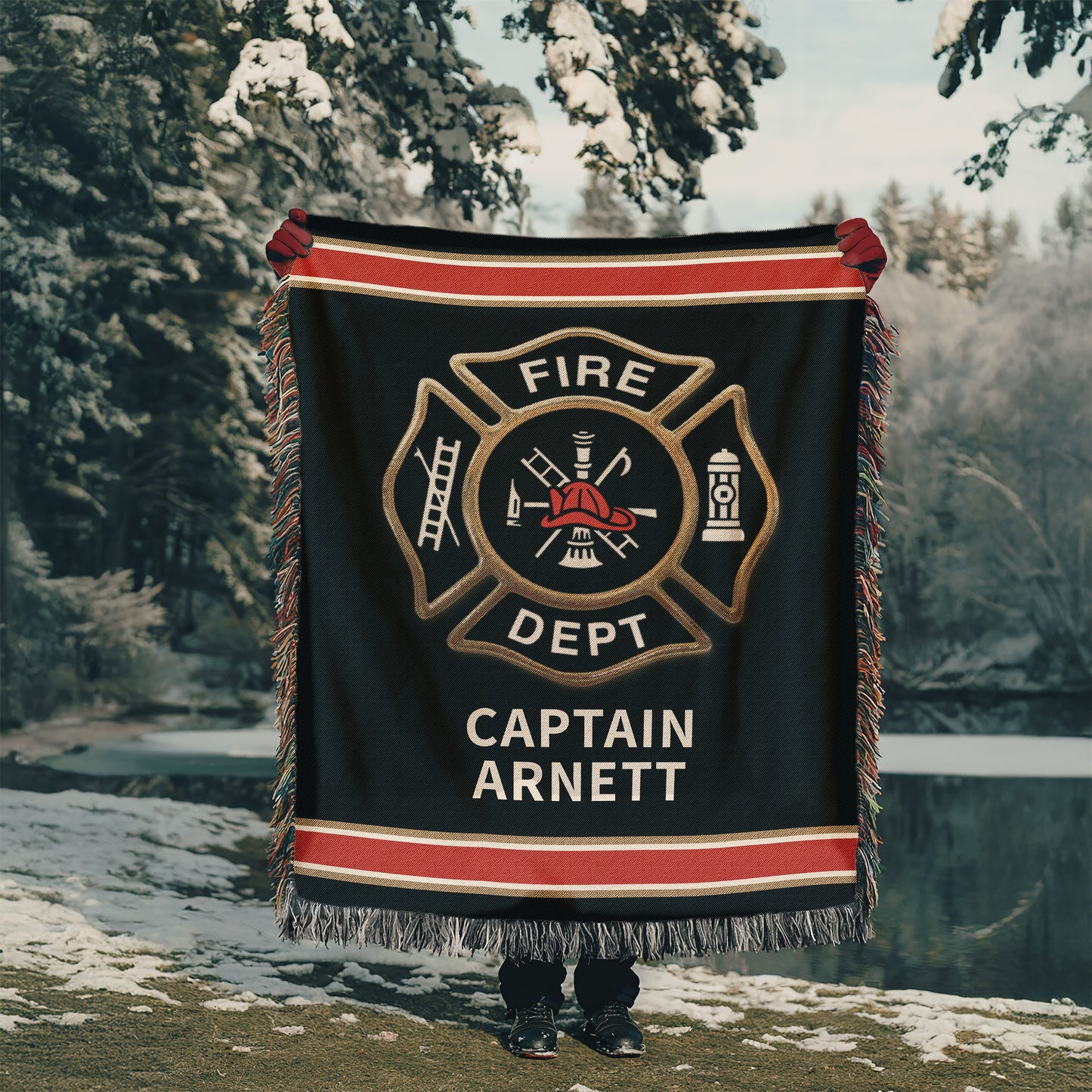 Personalized Fireman Maltese Cross Woven Blanket