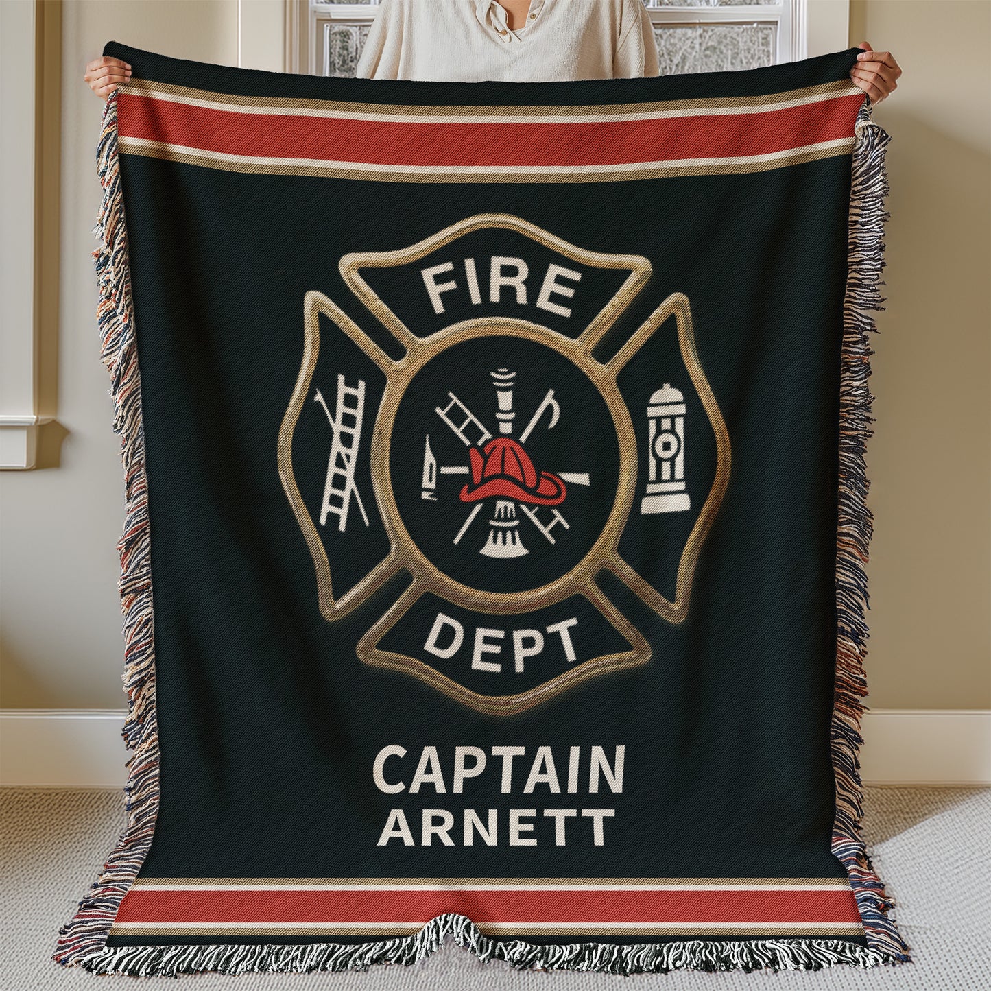 Personalized Fireman Maltese Cross Woven Blanket