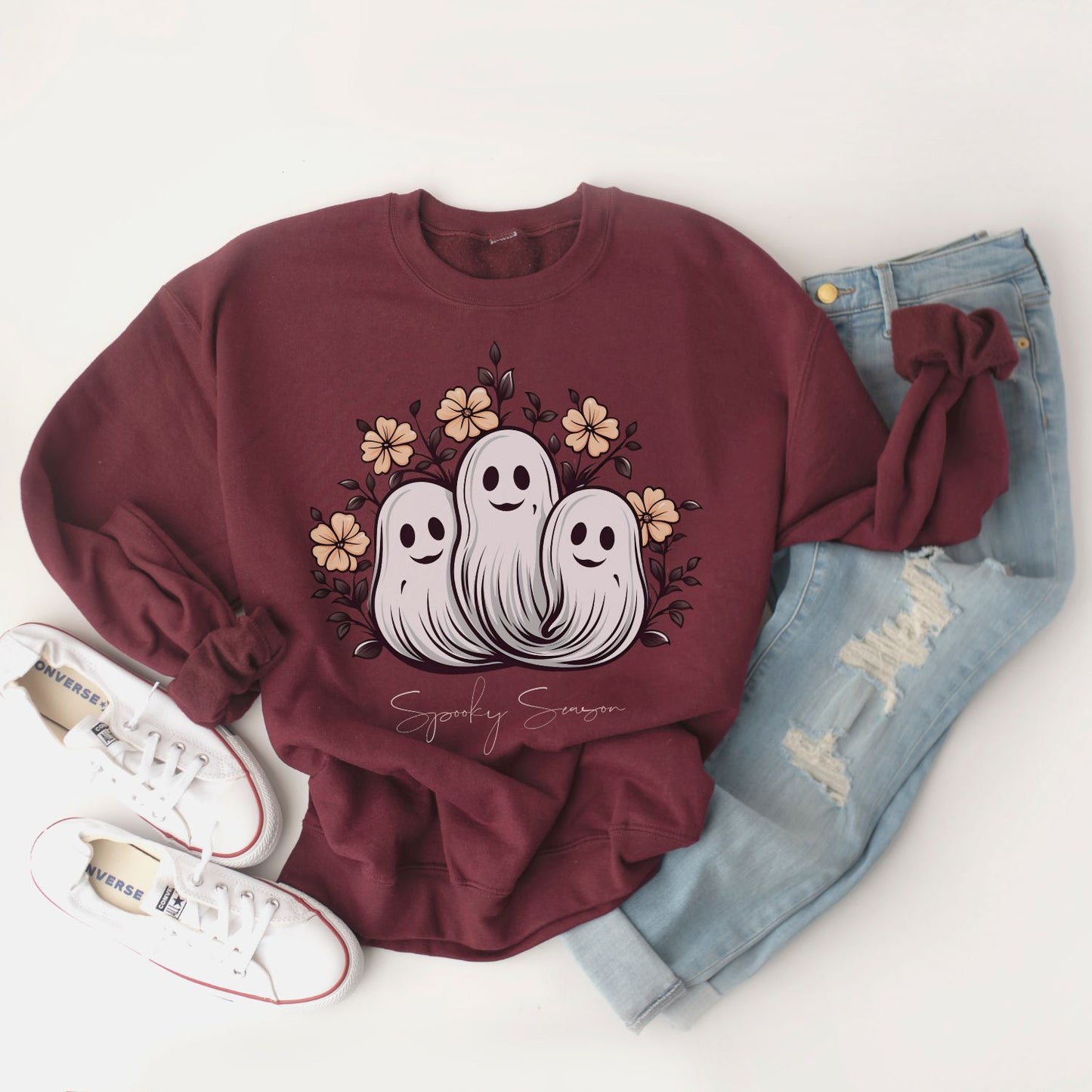 Spooky Season Retro Floral Ghost Sweatshirt, Cute Ghost Spooky Season Shirt Retro Halloween Shirt Stay Spooky Sweatshirt Floral Halloween Shirt
