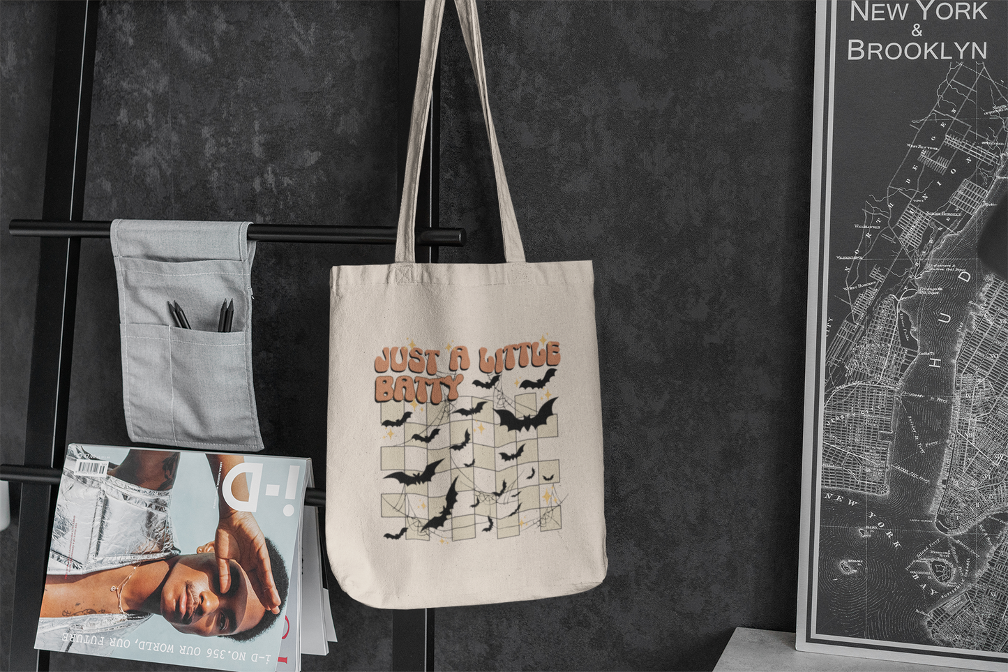 Funny Halloween Canvas Tote Bag, Fall Tote Bag Just a Little Batty Reusable Grocery Bag Halloween Goodie Bag Trick or Treat Bag