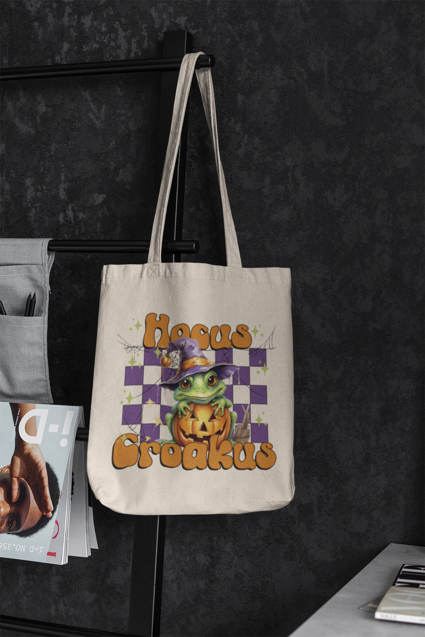 Halloween Canvas Tote Bag Trick or Treat Bag, Funny Fall Tote Bag Halloween Candy Bag Cute Frog Witch Hocus Croakus Halloween Tote Bag