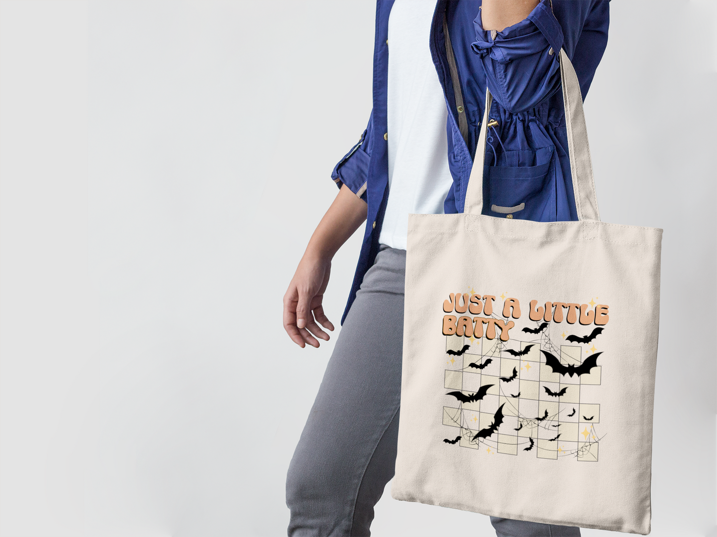 Funny Halloween Canvas Tote Bag, Fall Tote Bag Just a Little Batty Reusable Grocery Bag Halloween Goodie Bag Trick or Treat Bag