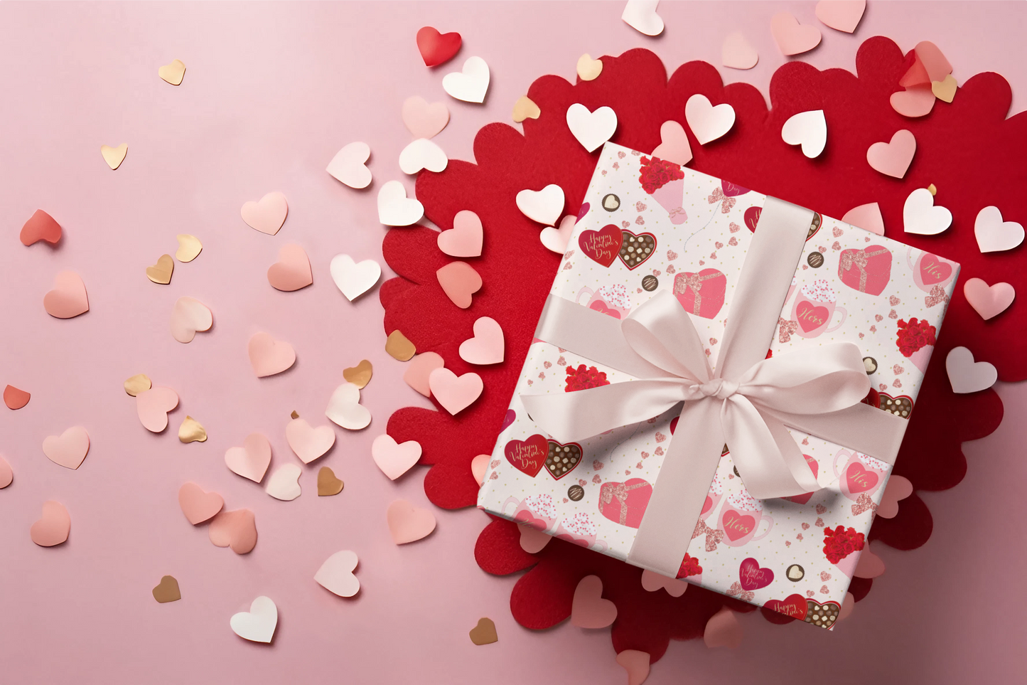 Gold Hearts And Roses Valentines Day Wrapping Paper
