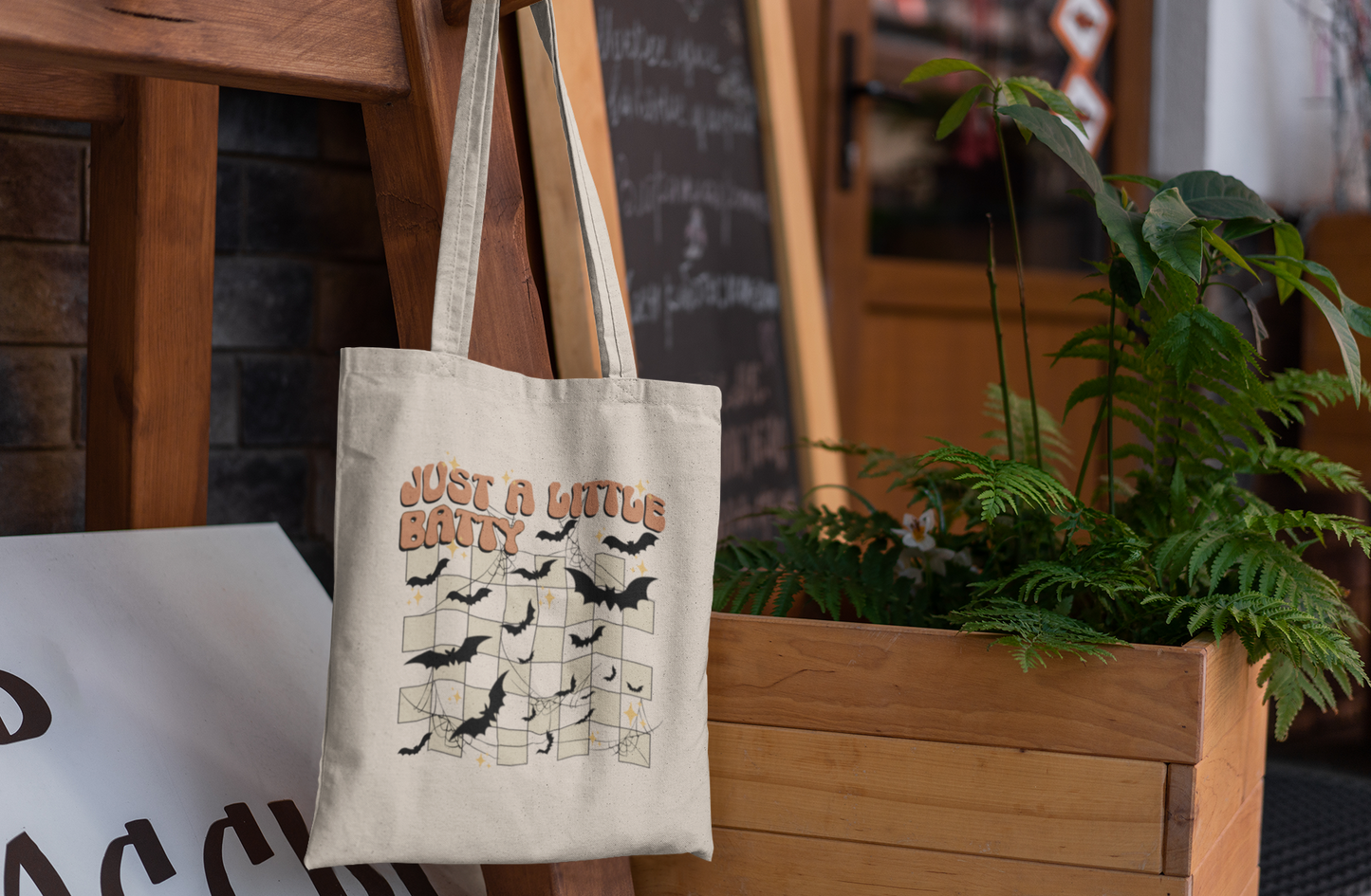 Funny Halloween Canvas Tote Bag, Fall Tote Bag Just a Little Batty Reusable Grocery Bag Halloween Goodie Bag Trick or Treat Bag