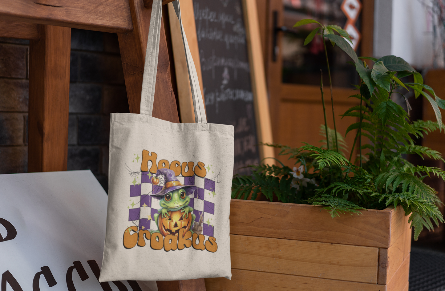 Halloween Canvas Tote Bag Trick or Treat Bag, Funny Fall Tote Bag Halloween Candy Bag Cute Frog Witch Hocus Croakus Halloween Tote Bag