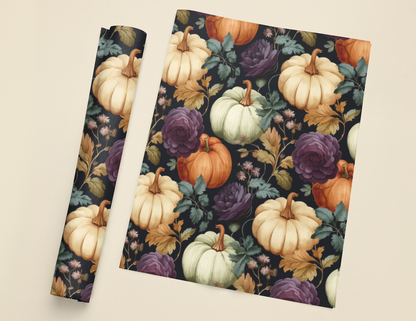 Fall Floral Wrapping Paper Roll Holiday Wrapping Paper Pumpkins and Purple Flowers Wrapping Paper 6 Foot Roll Gift Wrapping Paper Autumn Wrapping Paper