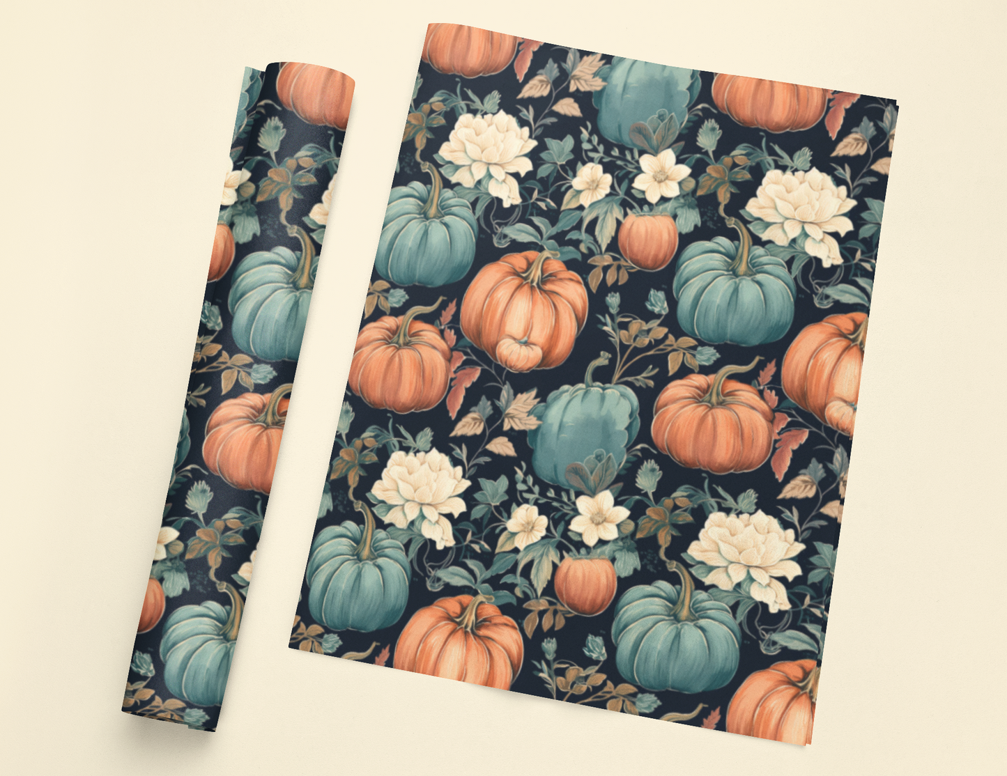 Teal Pumpkin Gift Wrap Blue Floral Wrapping Paper Fall Wrapping Paper Roll 6 Foot Roll Gift Wrapping Paper Autumn Wrapping Paper