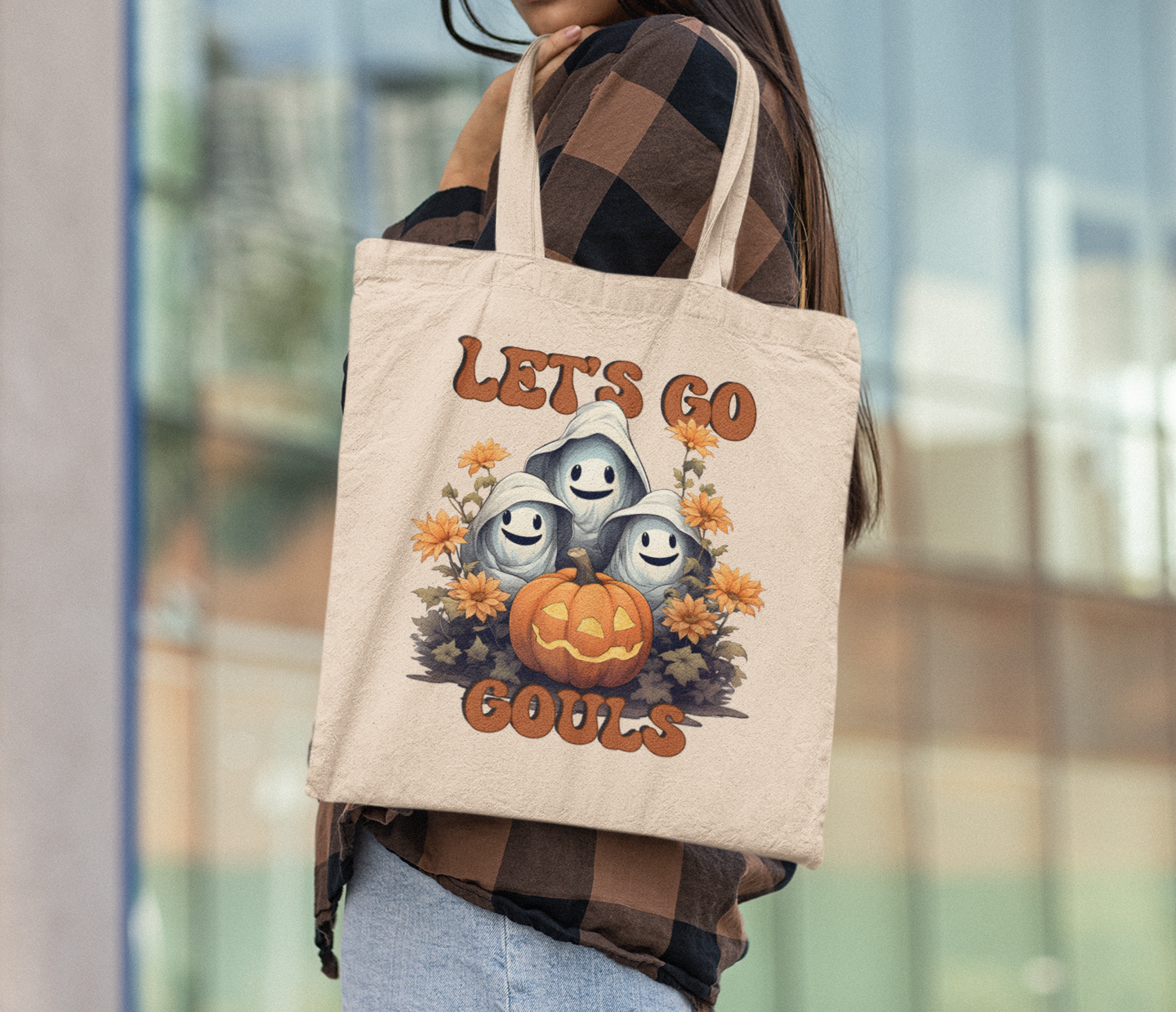 Ghost and Pumpkin Floral Rustic Fall Tote Bag Halloween Pumpkin Bag Rustic Trick or Treat Bag Halloween Candy Bag Halloween Goodie Bag