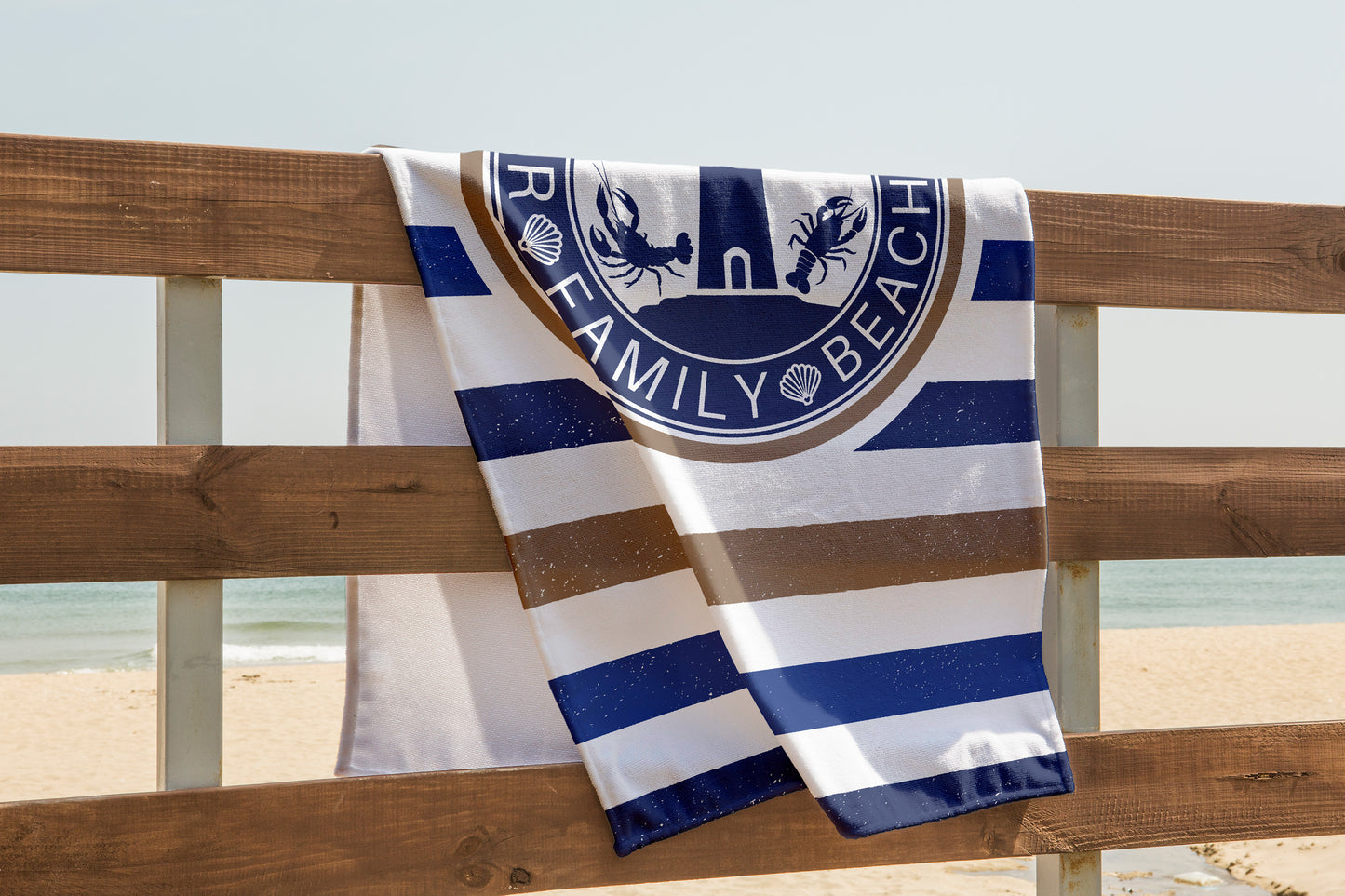 Custom Coastal Stripe Beach Towel With Lighthouse