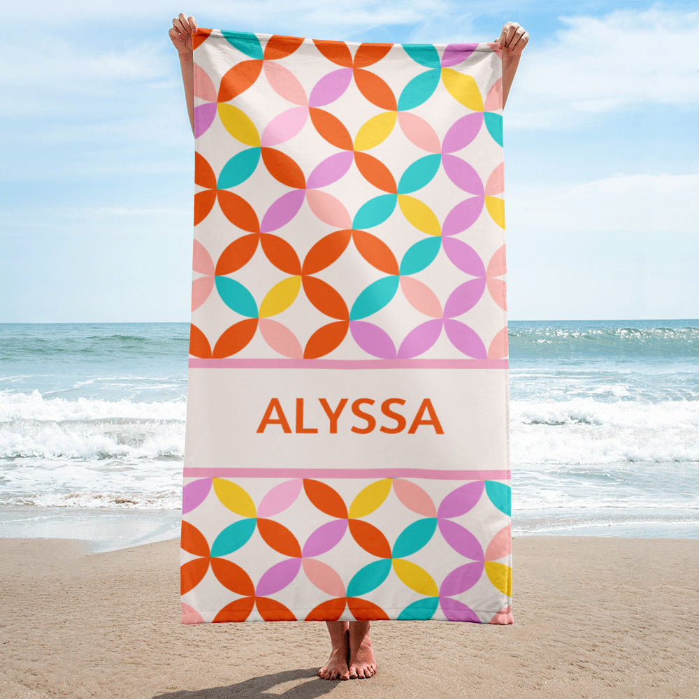 Summer Essentials Custom Name Retro Groovy Beach Towel