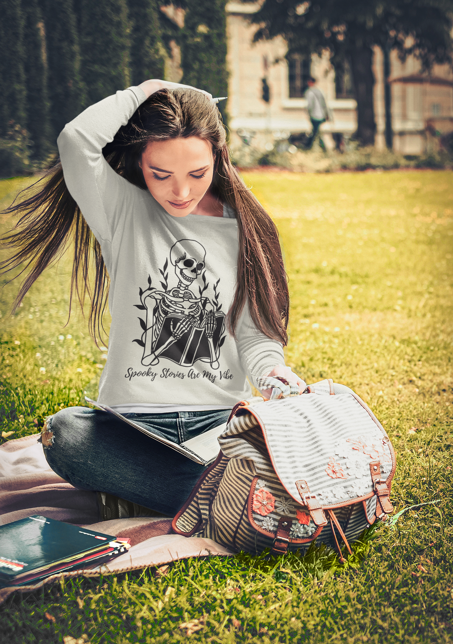 Premium Sweatshirt Book Reader Sweatshirt Spooky Vibes Sweatshirt Book Lover Gift Ideas Halloween Skeleton Sweatshirt Book Lover Sweatshirt