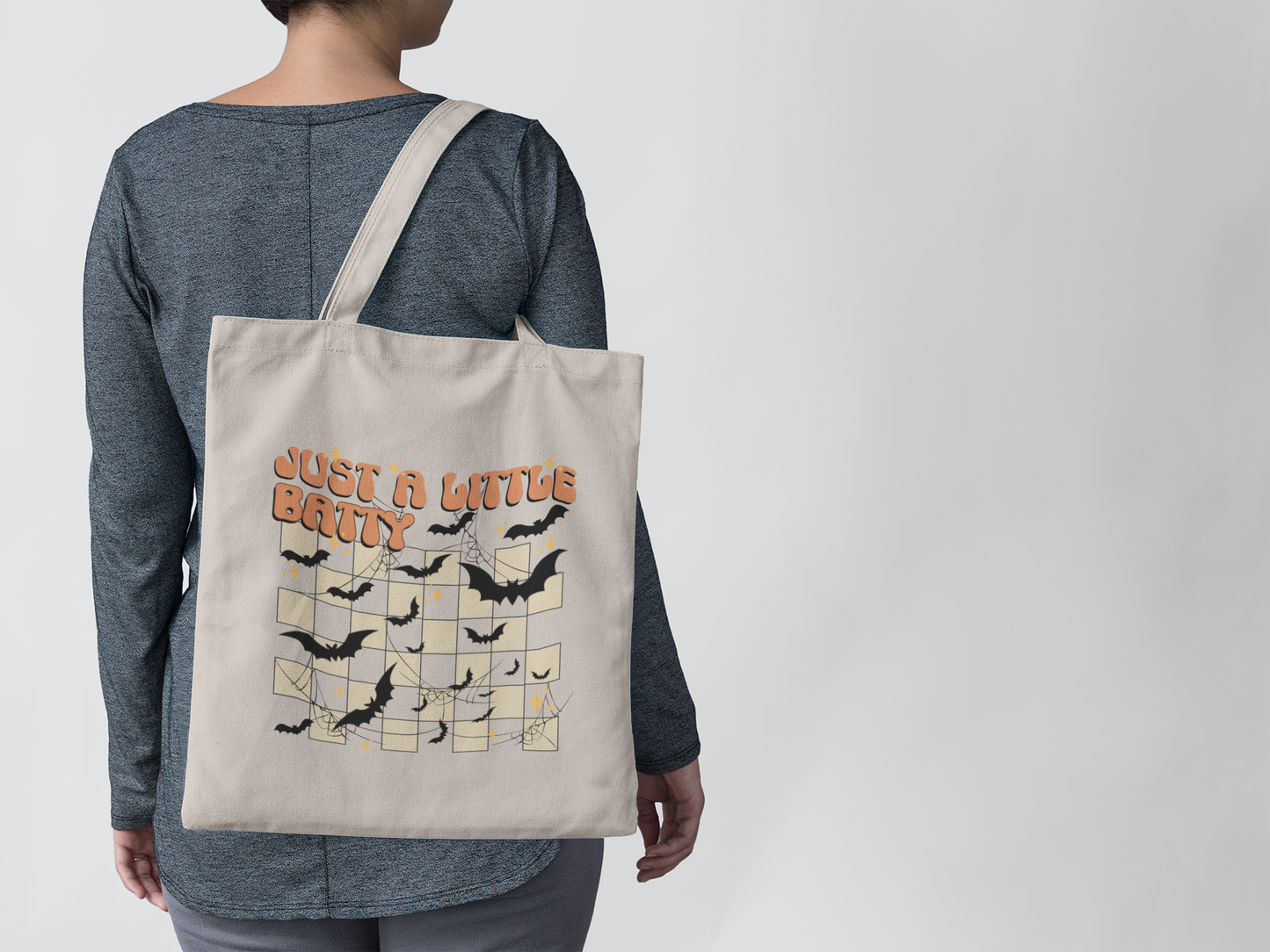 Funny Halloween Canvas Tote Bag, Fall Tote Bag Just a Little Batty Reusable Grocery Bag Halloween Goodie Bag Trick or Treat Bag