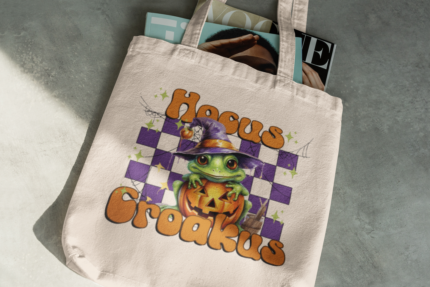 Halloween Canvas Tote Bag Trick or Treat Bag, Funny Fall Tote Bag Halloween Candy Bag Cute Frog Witch Hocus Croakus Halloween Tote Bag