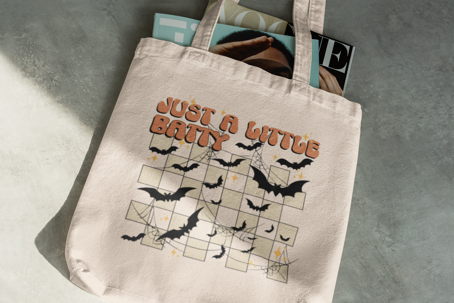 Funny Halloween Canvas Tote Bag, Fall Tote Bag Just a Little Batty Reusable Grocery Bag Halloween Goodie Bag Trick or Treat Bag