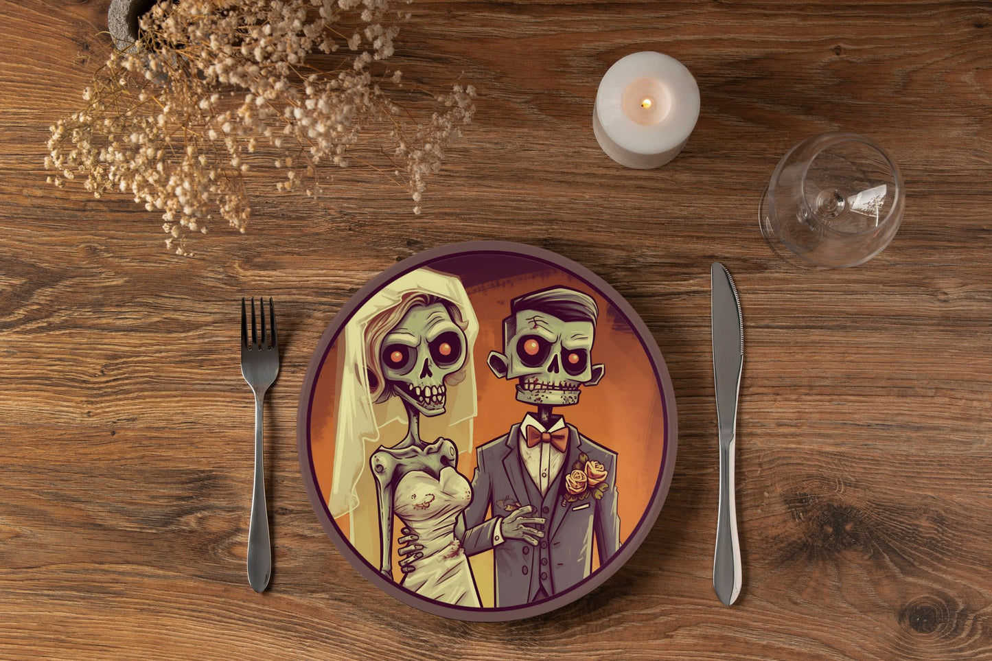 Halloween Wedding Plate Spooky Skeleton Bride and Groom Halloween Wedding Decorations Halloween Party Plates Halloween Wedding Table Plates