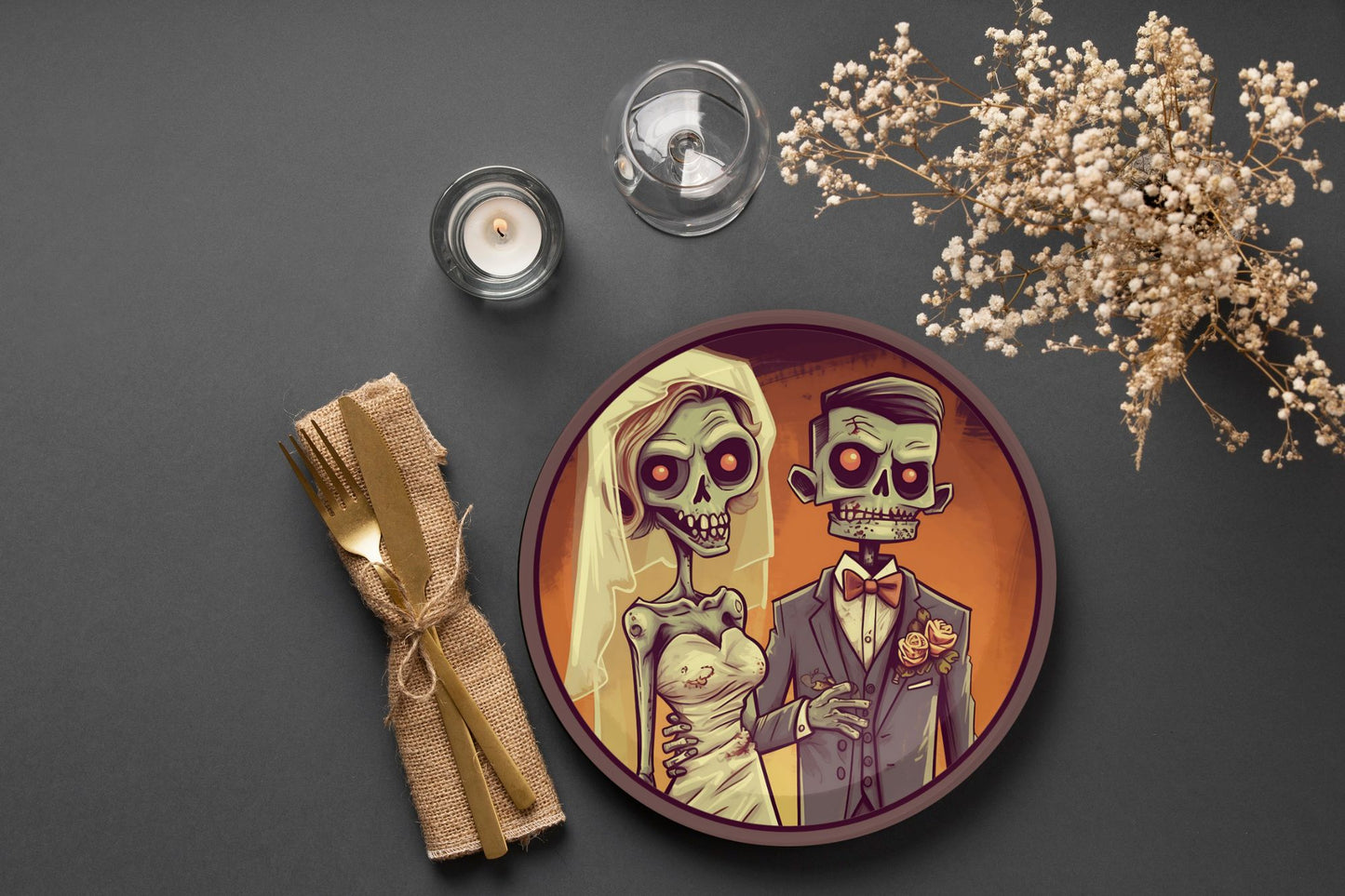 Halloween Wedding Plate Spooky Skeleton Bride and Groom Halloween Wedding Decorations Halloween Party Plates Halloween Wedding Table Plates