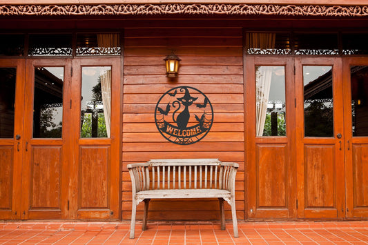 Metal Halloween Welcome Sign Halloween Cat Front Door Decor