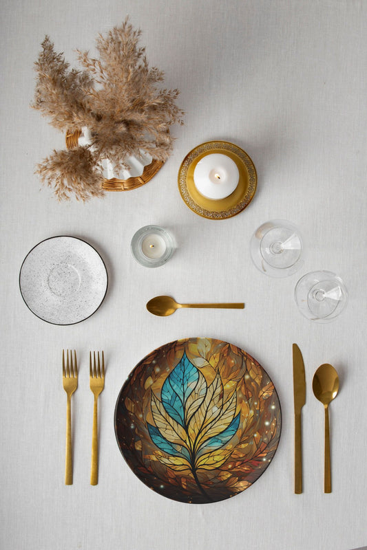 Blue and Gold Leaf Thermosaf Polymer Plastic Dinner Plate Blue Fall Decor